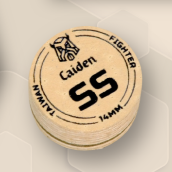 A promotional graphic for Caiden Fighter and Warrior layered cue tips, featuring text and logos with a red and black color scheme, and images of the tips with different sizes indicated by SS, S, M, H.