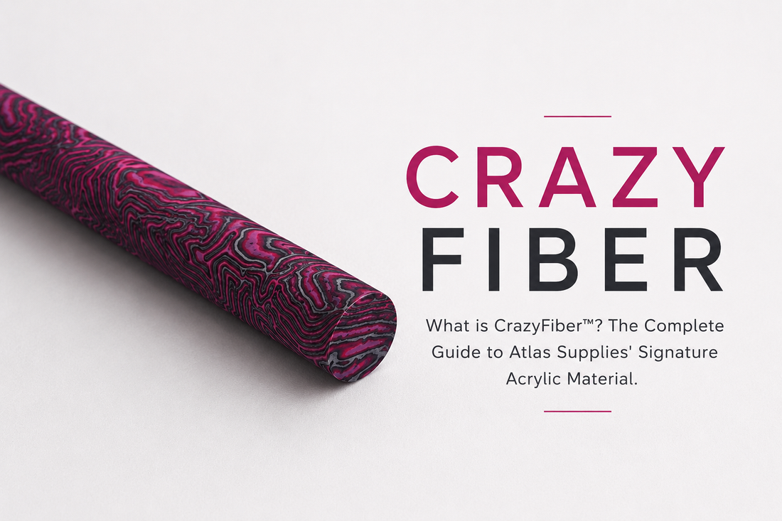 CrazyFiber™ acrylic rod showing through-body swirling color pattern — pool cue building and knife handle material | Atlas Supplies