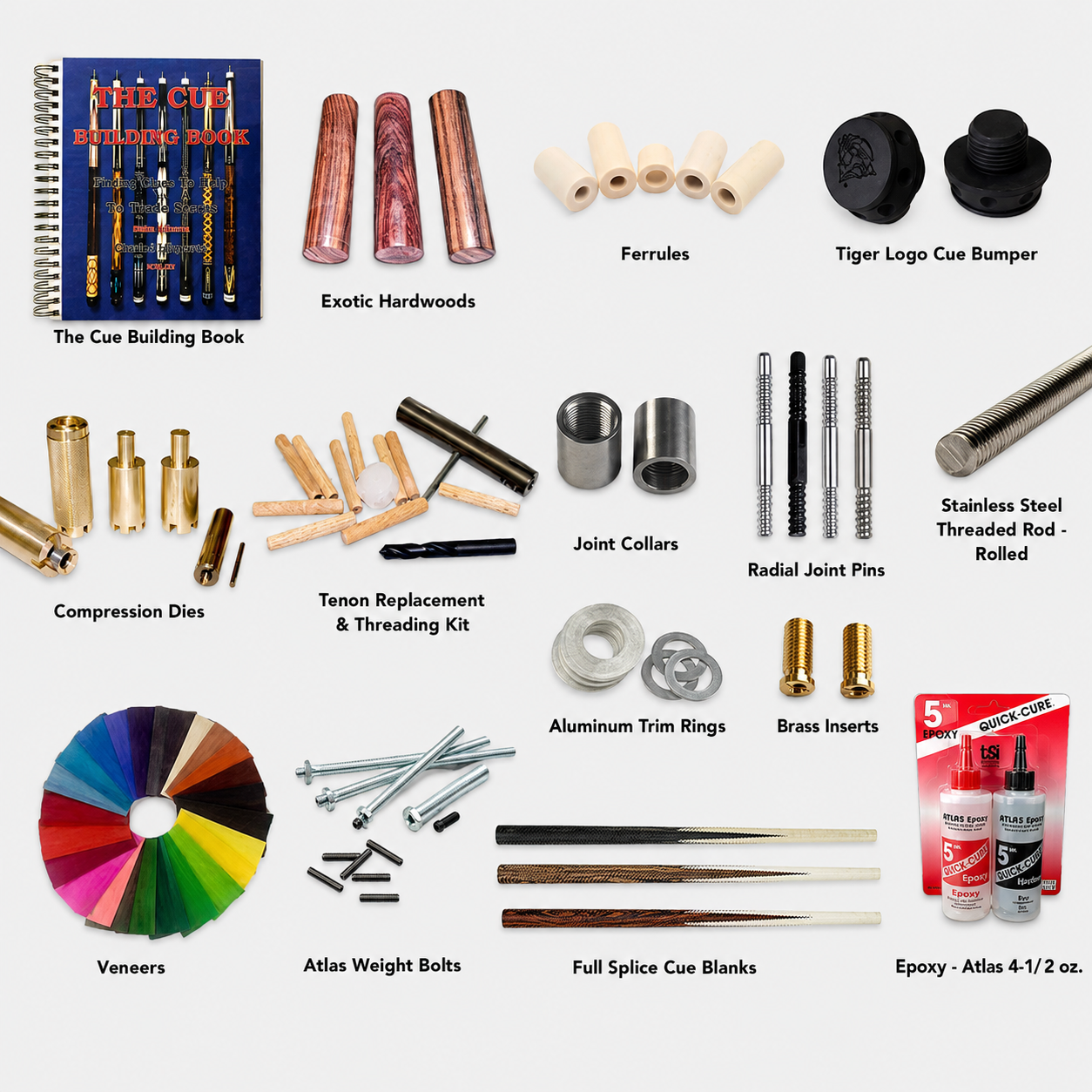 Pool cue building parts - ferrules, pins, inserts and trim rings | Atlas Supplies