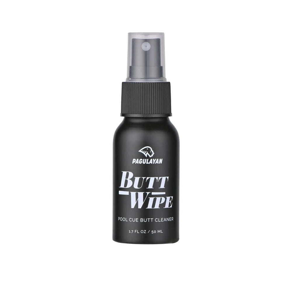 Pagulayan Butt Wipe 1.7 fl oz spray bottle, pool cue butt cleaner front label