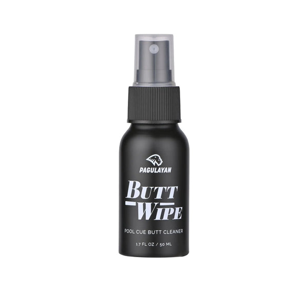 Pagulayan Butt Wipe 1.7 fl oz spray bottle, pool cue butt cleaner front label