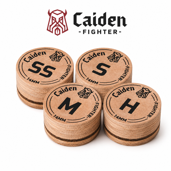 Caiden Fighter cue tips — natural 10-layer pigskin range, SS to Hard | Atlas Supplies