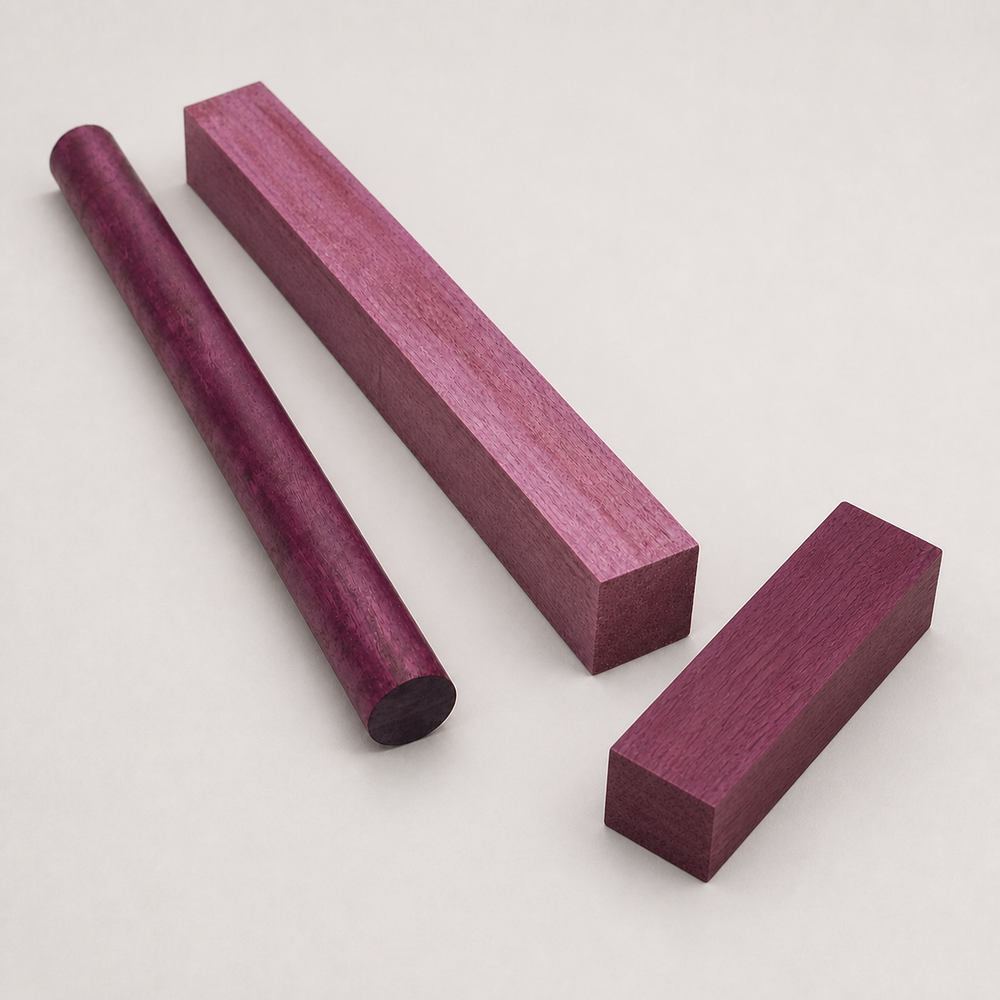 Purpleheart wood blanks in round dowel and square block forms showing vivid violet-purple grain, ideal for pool cue building