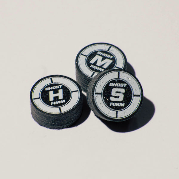 Ghost Black 14mm cue tips in Hard, Medium and Soft stacked | Atlas Supplies