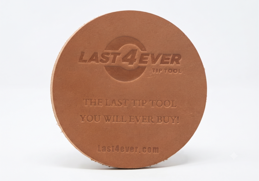 Last 4 Ever leather burnisher disc for smoothing and sealing wood pool cue shafts