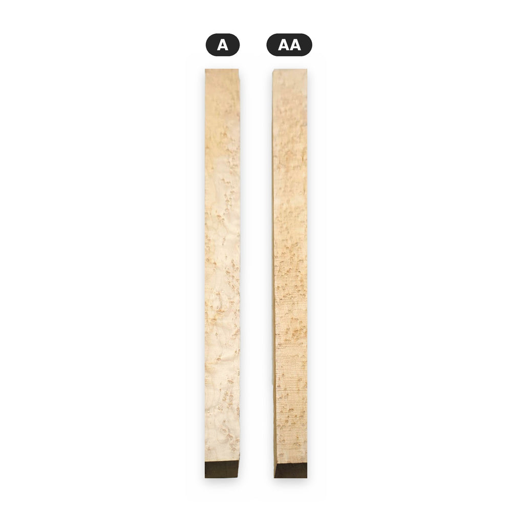 Birdseye maple (Acer saccharum) blanks, A grade vs. AA grade side by side | Atlas Supplies