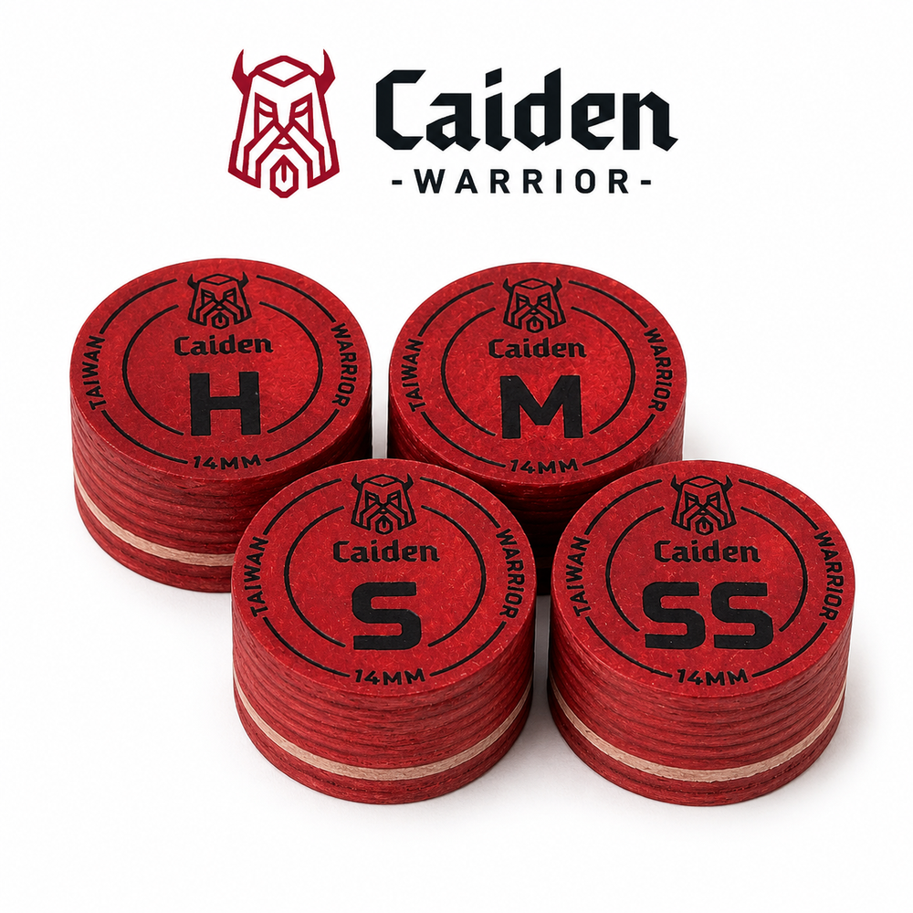 Caiden Warrior cue tips — red 10-layer Japanese leather range, SS to Hard | Atlas Supplies