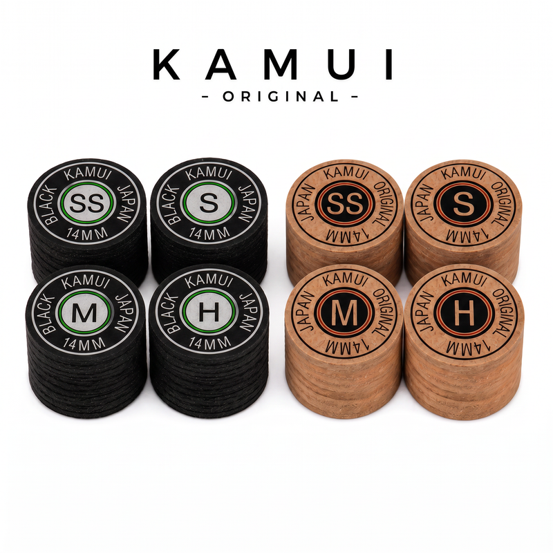 Kamui Original playing cue tips — full range in Black and Brown, SS to Hard | Atlas Supplies