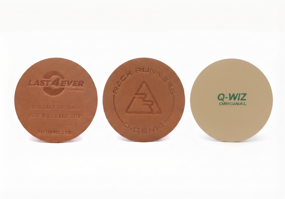 Last 4 Ever Leather Burnisher, Q-Genie, and Q-Wiz cue shaft conditioning discs side by side