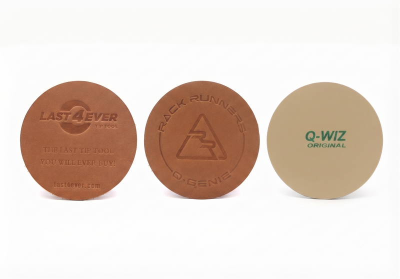 Last 4 Ever Leather Burnisher, Q-Genie, and Q-Wiz cue shaft conditioning discs side by side