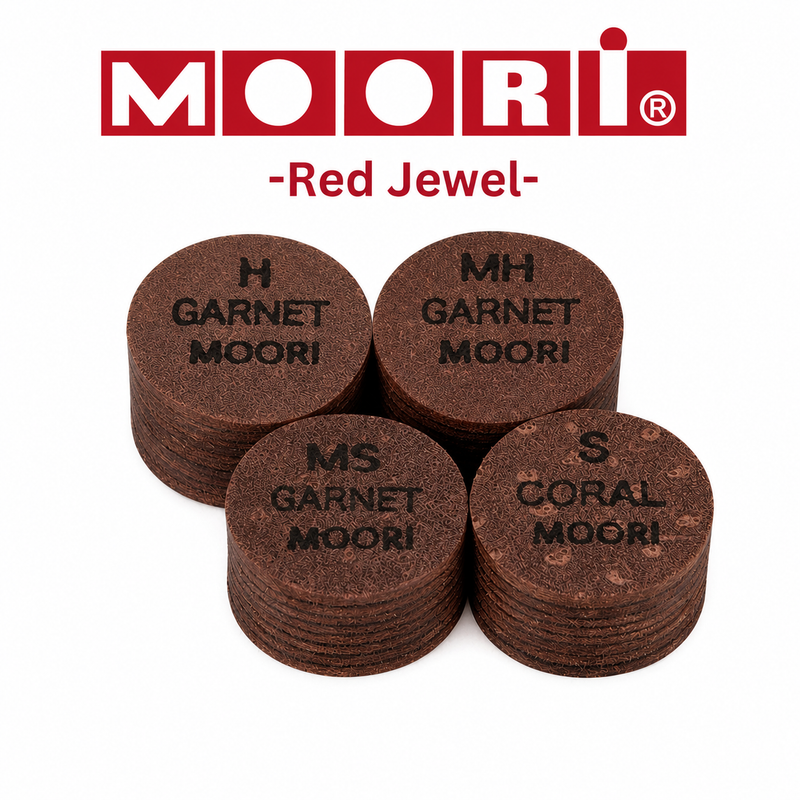 Moori Red Jewel cue tips — full range in Coral and Garnet grades | Atlas Supplies