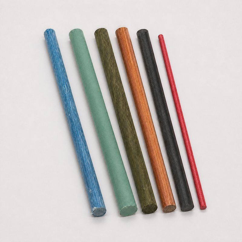 Canvas phenolic rods in blue, teal, OD green, brown, black, and red